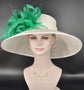 Sinamay Kentucky Derby Hat: Ivory Wide Brim with Green Feather Flower