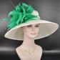 Sinamay Kentucky Derby Hat: Ivory Wide Brim with Green Feather Flower