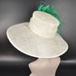 Sinamay Kentucky Derby Hat: Ivory Wide Brim with Green Feather Flower