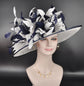 White Sinamay Kentucky Derby Hat: Navy Blue Feather Upturned Brim