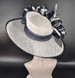 White Sinamay Kentucky Derby Hat: Navy Blue Feather Upturned Brim