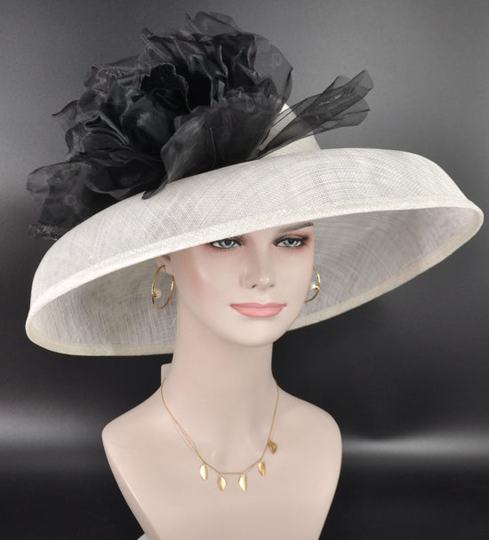 Wide Brim Sinamay Derby Hat: White Audrey Hepburn Style with Black Flower