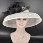 Wide Brim Sinamay Derby Hat: White Audrey Hepburn Style with Black Flower