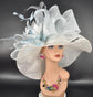 Wide Brim Sinamay Hat, Kentucky Derby Hat,Church hat,Tea Party Hat,Custom hat, Formal Hat, Oaks Day Hat White W Powder Blue Feather Flower