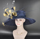 Wide Brim Sinamay Hat Church Kentucky Derby Hat Carriage Tea Party Wedding Hat Feather Flower  Quills Navy blue with God White