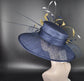 Wide Brim Sinamay Hat Church Kentucky Derby Hat Carriage Tea Party Wedding Hat Feather Flower  Quills Navy blue with God White