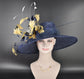 Wide Brim Sinamay Hat Church Kentucky Derby Hat Carriage Tea Party Wedding Hat Feather Flower  Quills Navy blue with God White