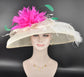 Ivory/Off White Fuchsia Pink Green feather Flower Wide Brim Sinamay Hat Church Kentucky Derby Hat Carriage Tea Party Wedding Sinamay Hat