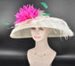 Ivory/Off White Fuchsia Pink Green feather Flower Wide Brim Sinamay Hat Church Kentucky Derby Hat Carriage Tea Party Wedding Sinamay Hat