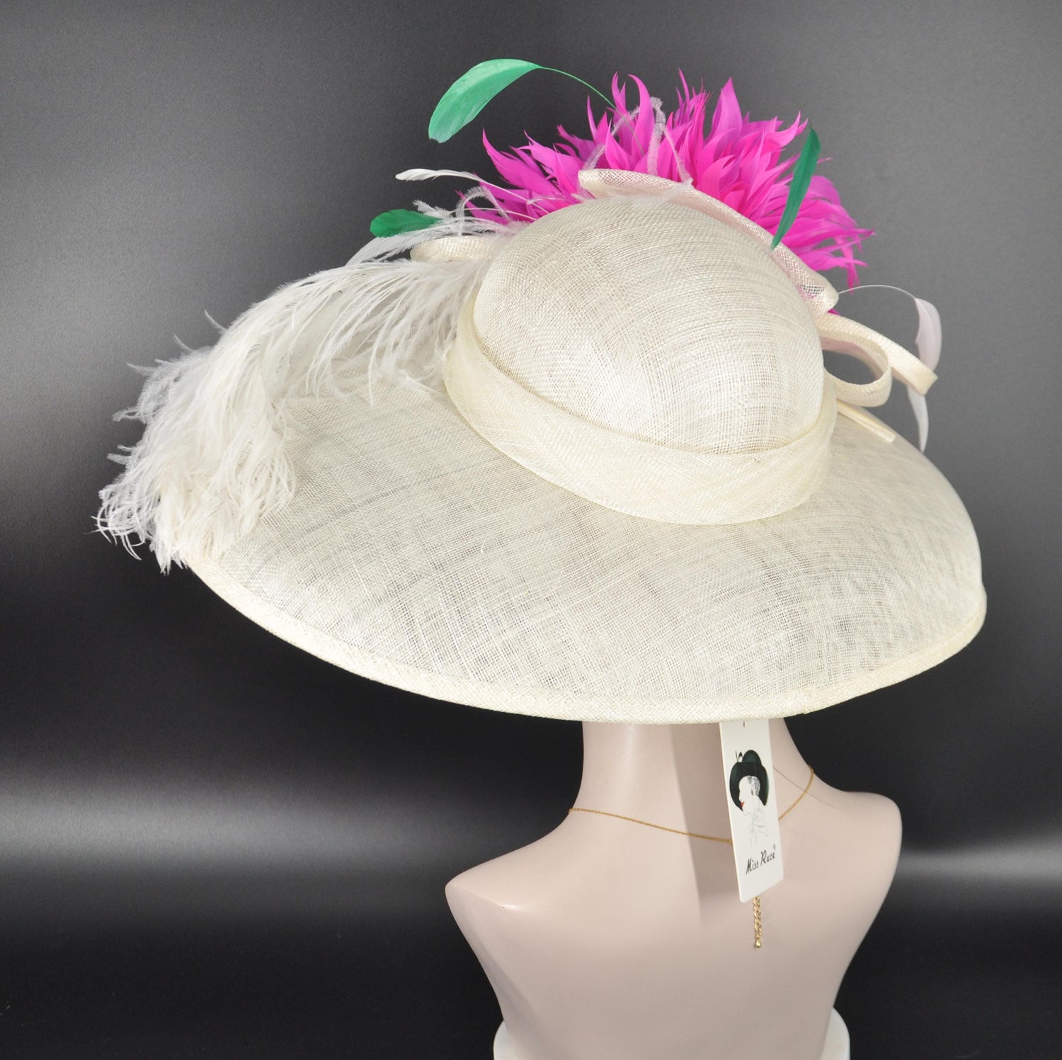 Ivory, Fuchsia Feather Flower Wide Brim Kentucky Derby Hat, Ascot Hat ...