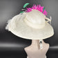 Ivory/Off White Fuchsia Pink Green feather Flower Wide Brim Sinamay Hat Church Kentucky Derby Hat Carriage Tea Party Wedding Sinamay Hat