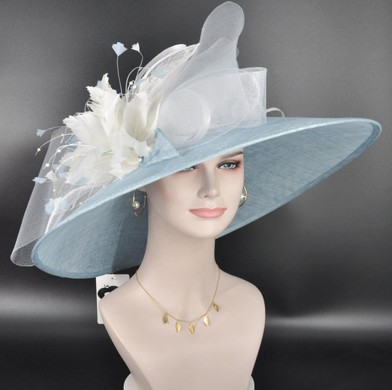 Powder Blue Sinamay Derby Hat: Wide Brim Wedding Tea Party