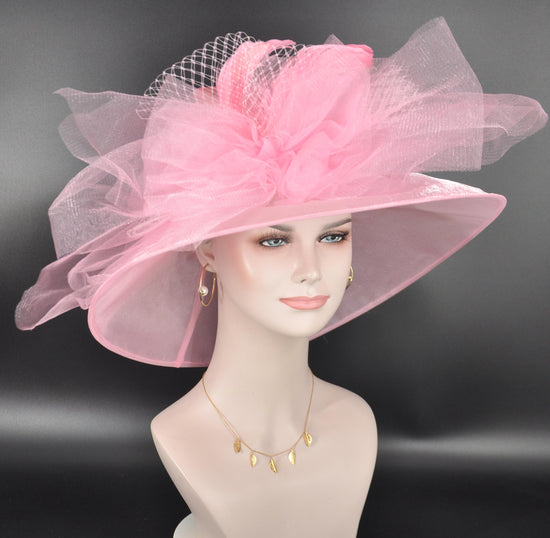 Pink Organza Kentucky Derby Hat: Medium Brim Wedding Tea Party Hat