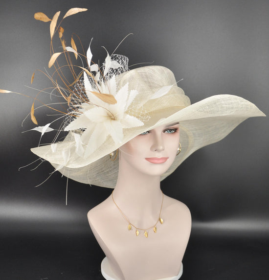 Ivory Sinamay Kentucky Derby Hat: Gold Feather Flower Wide Brim