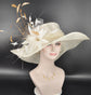 Ivory Sinamay Kentucky Derby Hat: Gold Feather Flower Wide Brim