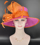 Fuchsia Pink W Orange Wide Brim Sinamay Hat, Kentucky Derby Hat, Church hat, Tea Party Hat, Custom hat, Formal Hat, Fashion Hat