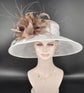 White Sinamay Derby Hat: Taupe Feather Flowers, Wide Brim