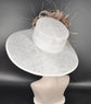 White Sinamay Derby Hat: Taupe Feather Flowers, Wide Brim