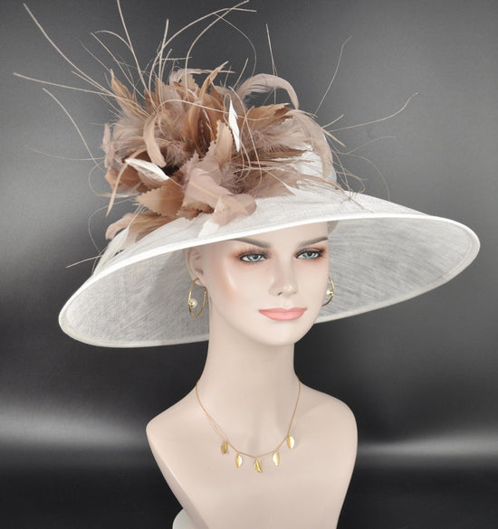 White Sinamay Derby Hat: Taupe Feather Flowers, Wide Brim