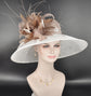 White Sinamay Derby Hat: Taupe Feather Flowers, Wide Brim