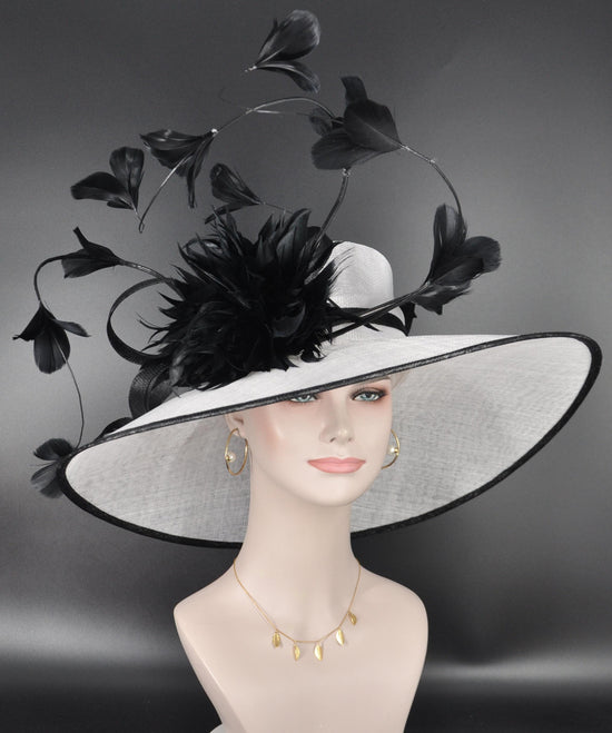 White Sinamay Kentucky Derby Hat: Black Feather Church Ascot Hat