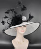 White Sinamay Kentucky Derby Hat: Black Feather Church Ascot Hat
