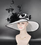 White Sinamay Kentucky Derby Hat: Black Feather Church Ascot Hat