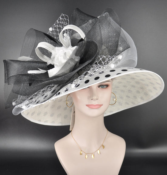 Church Kentucky Derby Hat Carriage Tea Party Wedding Wide Brim  Royal Ascot Horse Race Oaks day hat White w Black Polka Dot