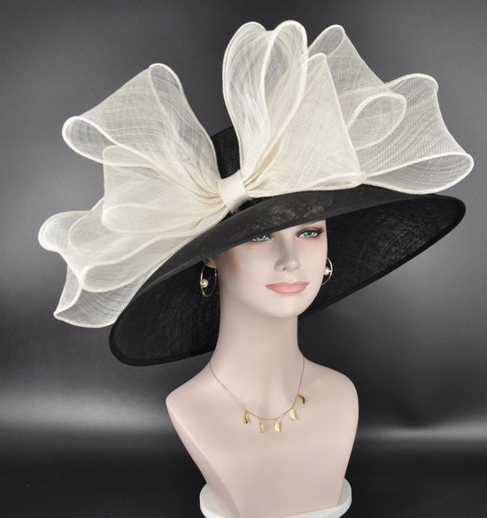 Black Sinamay Derby Hat: Wide Brim, Ivory Bow