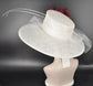 White & Burgundy Feather Flower Wide Brim Sinamay Hat For Kentucky Derby, Ascort Royal, Tea Garden Party, Wedding Party, Church
