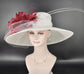 White & Burgundy Feather Flower Wide Brim Sinamay Hat For Kentucky Derby, Ascort Royal, Tea Garden Party, Wedding Party, Church