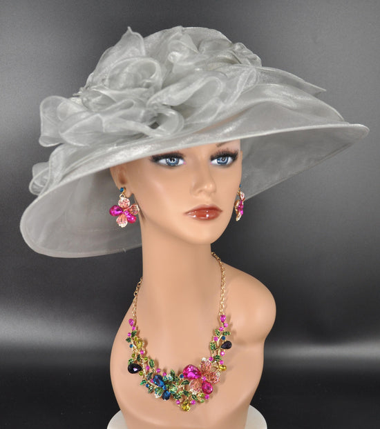 Organza Kentucky Derby Hat: Silver Gray Medium Brim Flower Tea Party Hat