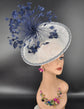 White W Navy Blue Sinamay Disc Fascinator Hat with  Jumbo  Feather Flower
