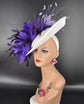 White Sinamay Fascinator Hat: Lilac Feather Flowers, Kentucky Derby