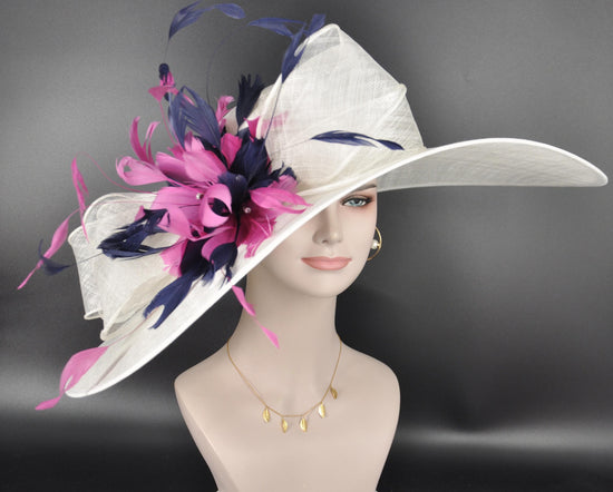 Wide Brim Sinamay Derby Hat: White, Navy & Hot Pink Flower