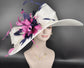 Wide Brim Sinamay Derby Hat: White, Navy & Hot Pink Flower