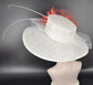 Wide Brim Sinamay Kentucky Derby Hat: White with Coral Pink Feather Flower