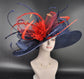 Navy Blue Sinamay Derby Hat: Red Feather Ascot Race Day Hat
