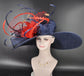 Navy Blue Sinamay Derby Hat: Red Feather Ascot Race Day Hat