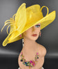 Lemon Yellow Sinamay Kentucky Derby Hat: Wide Brim Floral Millinery