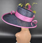 Sinamay Kentucky Derby Hat: Navy, Hot Pink & Lime Green Feather Flower