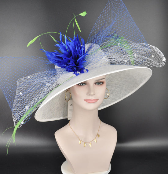 Church,  Kentucky Derby Hat  Carriage, Tea Party, Wedding Wide Brim Royal Ascot Hat in Solid Sinamay Hat White W Royal Blue Lime Green