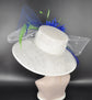 Church,  Kentucky Derby Hat  Carriage, Tea Party, Wedding Wide Brim Royal Ascot Hat in Solid Sinamay Hat White W Royal Blue Lime Green