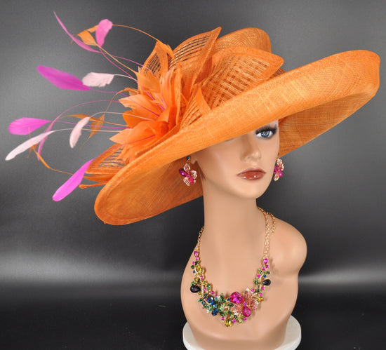 Orange Sinamay Kentucky Derby Hat: Wide Brim Royal Ascot Race Hat