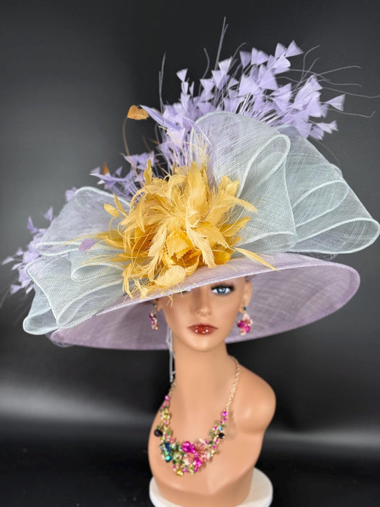 Lilac Sinamay Derby Hat: Feather Flower Wide Brim Headpiece