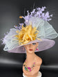 Lilac Sinamay Derby Hat: Feather Flower Wide Brim Headpiece