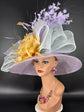 Lilac Sinamay Derby Hat: Feather Flower Wide Brim Headpiece