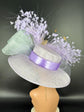 Lilac Sinamay Derby Hat: Feather Flower Wide Brim Headpiece