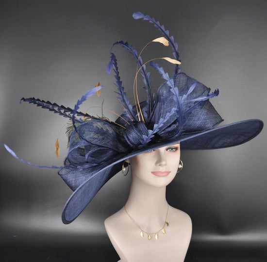 Navy Blue Kentucky Derby Hat: Royal Ascot Wide Brim Feathered Hat
