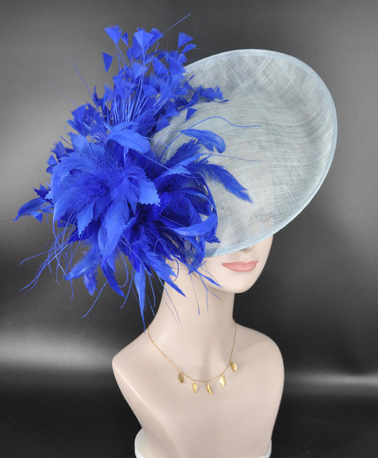 Powder Blue Fascinator Hat: Royal Blue Feather Flowers, Kentucky Derby